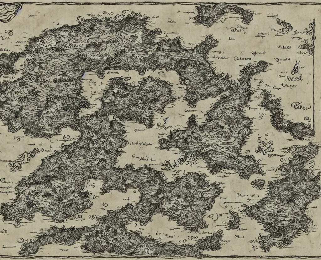 Prompt: ancient fantasy regional map, magical, etching, intaglio, mountains and oceans, on old parchment paper,