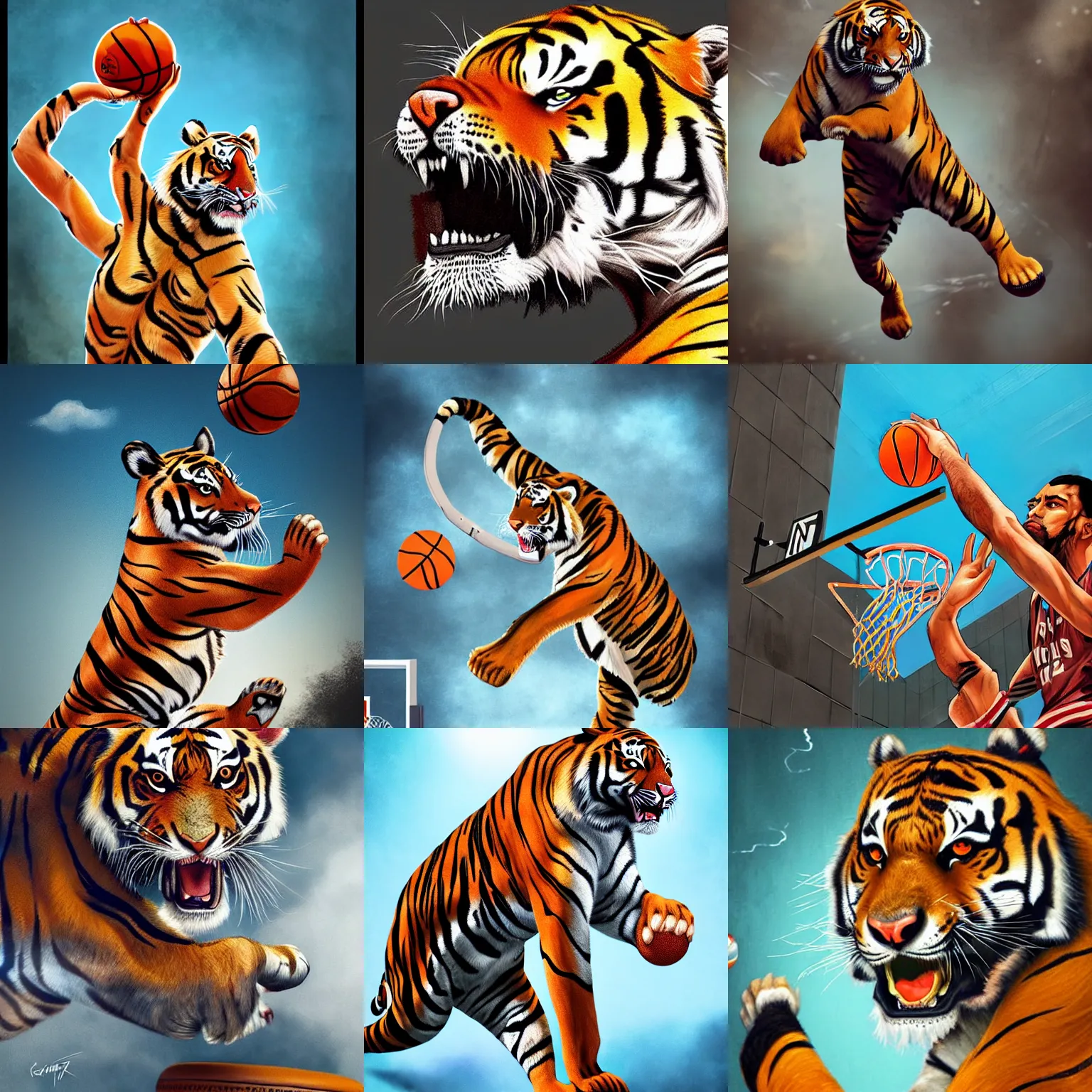 Prompt: a photorealistic picture of a tiger dunking a basketball in style of a comic book illustration Trending on Artstation, featured on Behance, well-rendered, fine detail, extra crisp image, Unreal Engine, 4K HD