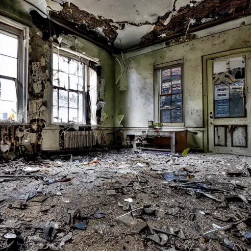 Image similar to a photo of an abandoned, dilapidated office of the company techcrunch, 4 k, high resolution, canon dslr