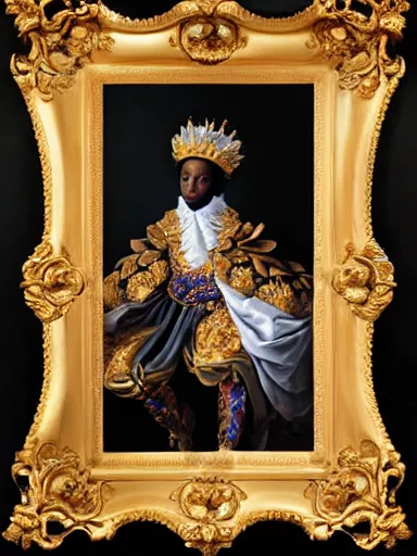 Image similar to rococo painting of a black prince wearing a golden crown with pastel flowers, symmetrical, realistic, 8 k, digital painting, art by kehinde wiley, artem demura