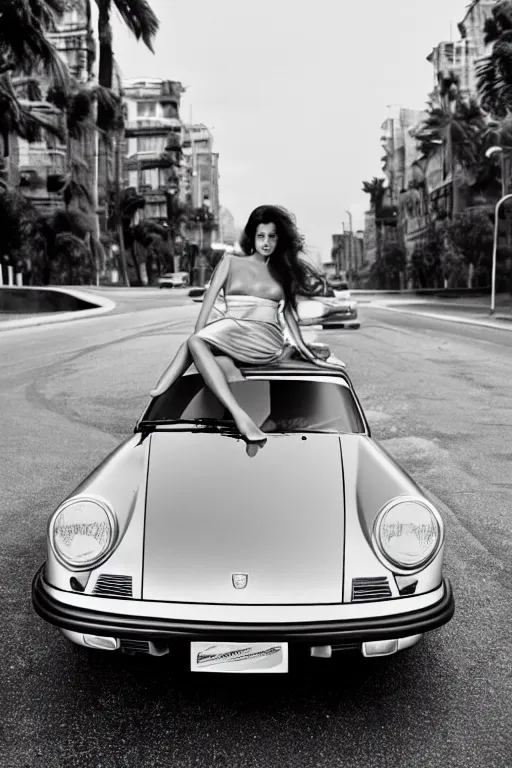 Prompt: Photo of a beautiful model sitting on the hood of a silver Porsche 911 Carrera 3.2, daylight, dramatic lighting, award winning, highly detailed, 1980s Versace ad, Fashion photography