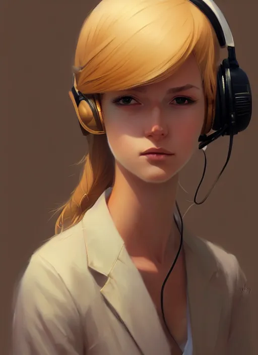 Prompt: ultradetailed beautiful panting of a stylish young lady wearing a brown foxgirl suit with headphones, dramatic, he has blond hair, distressed, volumetric light, by greg rutkowski, ilya kuvshinov, james jean, makoto shinkai, on artstation