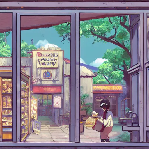 Image similar to concept art painting of a historic bakery with european and japanese architecture, window with baked goods, in a woodland village surrounded by trees and mountains, realistic, detailed, cel shaded, in the style of makoto shinkai and greg rutkowski and james gurney