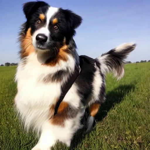 Image similar to australian shepherd with one eyepatch in a field on a sunny day