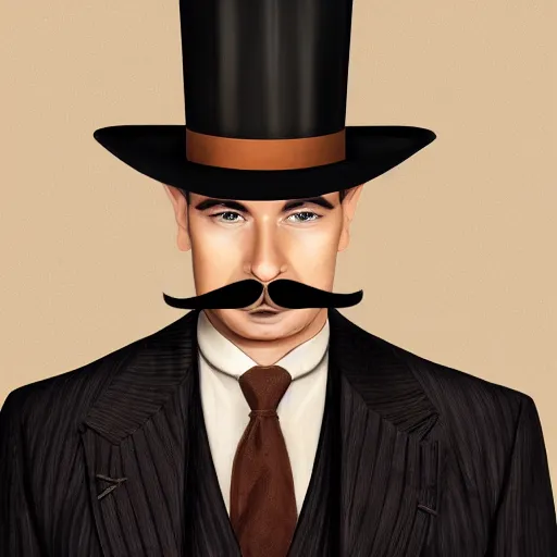 Prompt: Portrait of a man with brown hair and a brown mustache in black suit and black top hat, studio lighting, Sigma 85 mm f/1.4., digital painting, trending on artstation, sharp shadows
