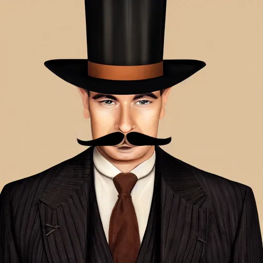 Image similar to Portrait of a man with brown hair and a brown mustache in black suit and black top hat, studio lighting, Sigma 85 mm f/1.4., digital painting, trending on artstation, sharp shadows