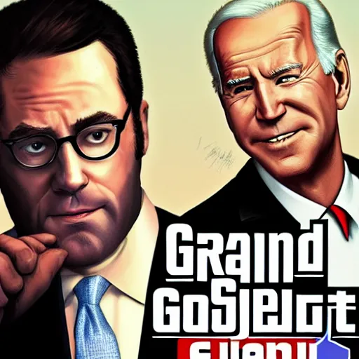 Prompt: joe biden and seth rogan in the style of grand theft auto v cover art
