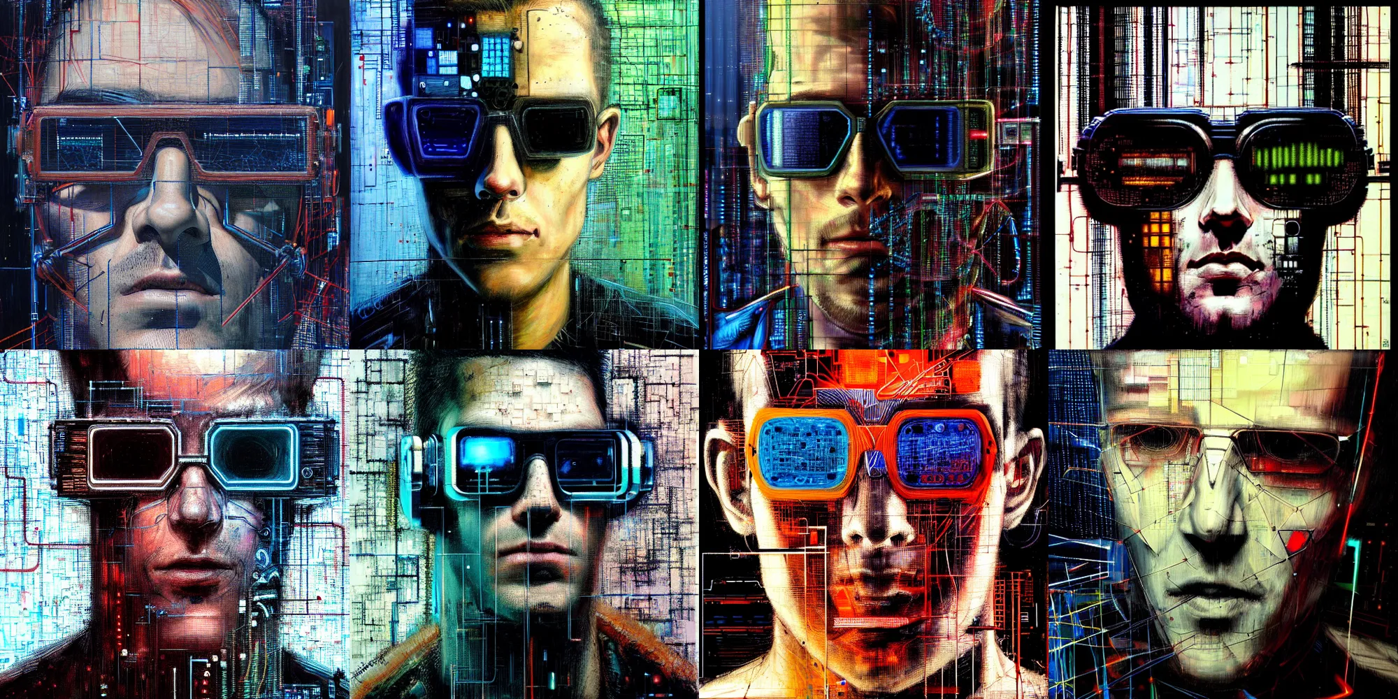 Prompt: hyperrealistic portrait of a cyberpunk man, by Guy Denning, Johannes Itten, Russ Mills, hacking effects, detailed lines, network, cybernetics, cyberpunk sunglasses, cables, computation, technological, color blocking!, circuitry, digital, oil on canvas, insane detail, front view, symmetrical, octane, concept art, abstract, artistic, 8k, cinematic, trending on artstation