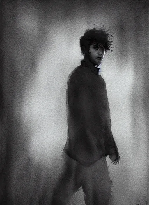 Image similar to portrait, Zayn Malik as the last spark of color lays in the heart of a poet walking through a grey world, watercolor, dramatic lighting, cinematic, establishing shot, extremely high detail, foto realistic, cinematic lighting, pen and ink, intricate line drawings, by Yoshitaka Amano, Ruan Jia, Kentaro Miura, Artgerm, post processed, concept art, artstation, matte painting, style by eddie mendoza, raphael lacoste, alex ross