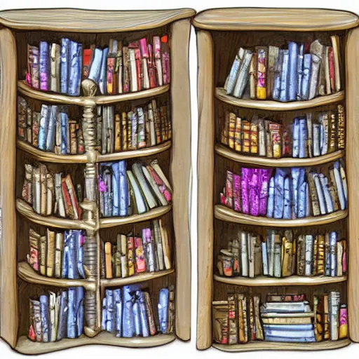 Image similar to enchanted bookshelves, in the style of colin thompson, highly detailed, playful fantasy.