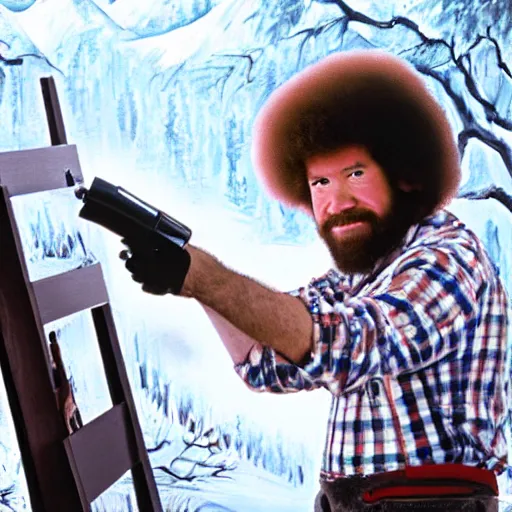 Image similar to bob ross painting a canvas with a paintball gun