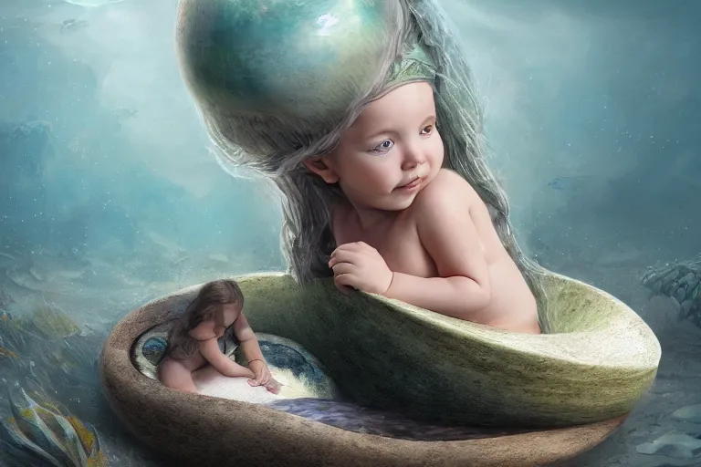 Image similar to a baby mermaid laying inside a egg, matte painting, concept art, digital art, trending on artstation, 4 k, extremely detailed, realistic, fantasy art,