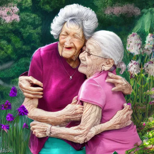 Image similar to A photo of 95-year-old lady hugging her 75-year-old daughter in a garden, concept art, trending on art station, 4k, 8k, high detailed, photorealistic