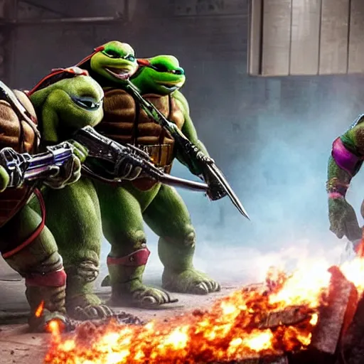 Image similar to a still of from the movie teenage mutant ninja turtles 2 : the secret of the ooze crossover with the game gears of war