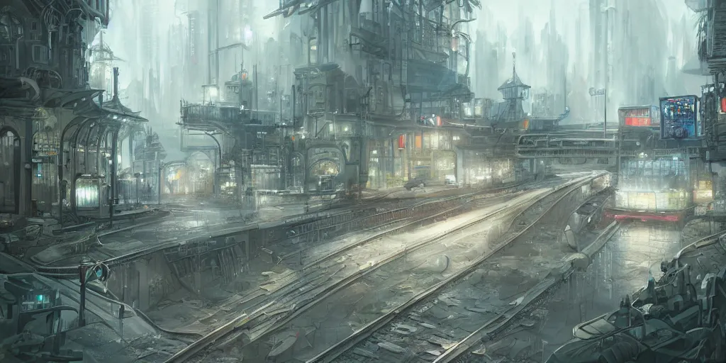 Prompt: 2 0 4 5 train station city landscale, concept art, illustration, highly detailed, artwork, hyper realistic, in style of james paick