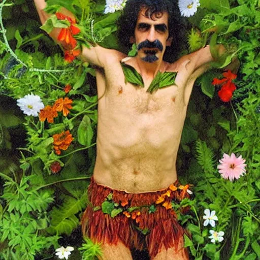 Image similar to Frank Zappa as a forest druid wearing a floral leotard frolicking in the hooded forest of verdant turmeric roots