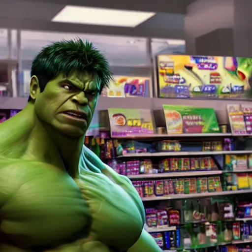 Prompt: the incredible hulk working as a 7/11 cashier and wearing a uniform, macro, wide shot, dramatic lighting, octane render, hyperrealistic, HD