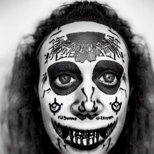 Image similar to symmetrical, close up face portrait of cannibal shoa labouf, covered in sesame street tattoos, studio lighting, depth of field, photography, black and white, highly detailed