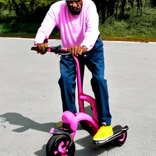 Prompt: paparazzi photo of elderly Lebron James on a pink scooter in a skatepark