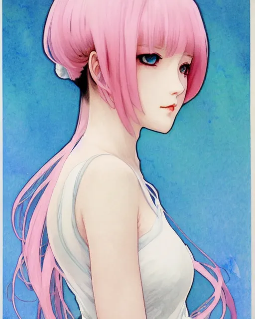 Prompt: A watercolor frontal portrait of Rem from Zero Two, elegant, delicate, soft lines, higly detailed, smooth , pixiv art, ArtStation, pink hue, artgem, art by alphonse mucha charles reid mary cassatt and shirow masamune, high quality