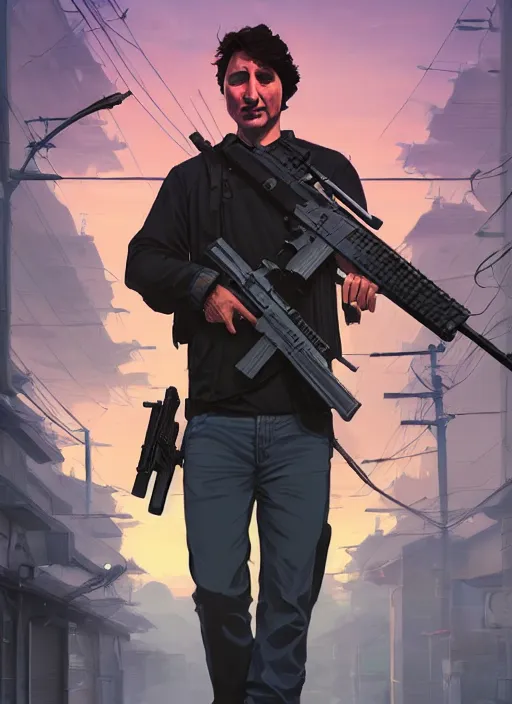 Image similar to highly detailed portrait justin trudeau in street gang attire holding ar - 1 5! in gta v stephen bliss unreal engine fantasy art by greg rutkowski loish rhads ferdinand knab makoto shinkai lois van baarle ilya kuvshinov rossdraws tom bagshaw global illumination radiant light detailed intricate environment