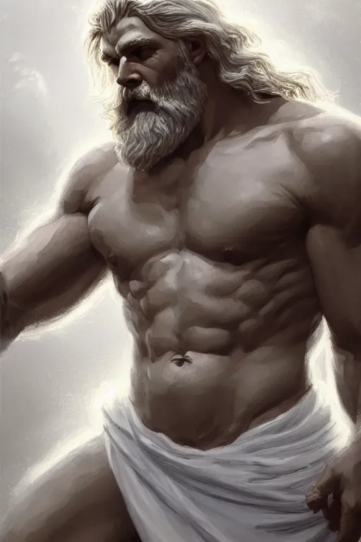 Prompt: painted portrait of rugged zeus, god of thunder, greek god, white hair, masculine, powerful, handsome, opulent, upper body, white robe, muscular, hairy torso, fantasy, intricate, elegant, highly detailed, digital painting, artstation, concept art, smooth, sharp focus, illustration, art by gaston bussiere