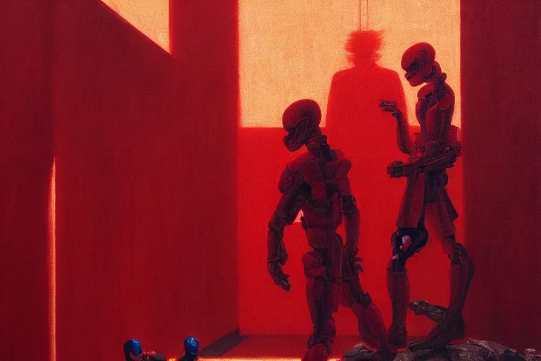 Image similar to only with red, a red cyborg samurai, tokio futuristic in background, some evil yokai, in the style of beksinski, parts by edward hopper, parts by rodcenko, parts by yue minjun, intricate and epic composition, red by caravaggio, insanely quality, highly detailed, masterpiece, red light, artstation, 4 k