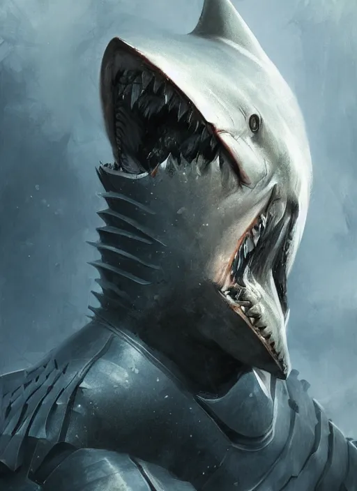 Image similar to digital painting of a human shark wearing knight armor, shark head, fantasy, portrait, scifi, realistic, detailed, concept art, ruan jia, wlop