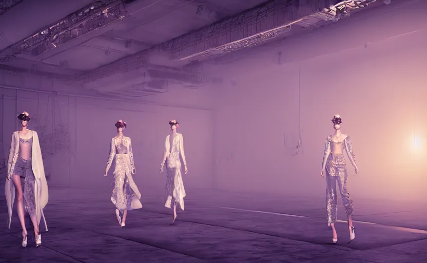 Image similar to Fashion Catwalk!! on a platform in an Angelic Floating City in the Clouds, Fashion Photography, Hyperrealistic, Intricate Details, Raytracing, Volumetric Lighting, Lightshafts, Smooth Gradients, Unreal Engine 5, Photorealism, Concept Art