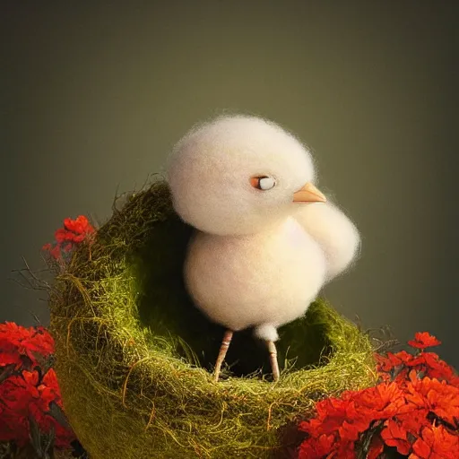 Prompt: long shot of a very fluffy wool chick nesting in a floral cup, esao andrews, by m. w. kaluta, humorous illustration, hyperrealistic, tilt shift, warm colors, night scenery, low light, 3 d octane render, 4 k, volumetric lights, smooth, cosy atmosphere, conceptart, hyperdetailed, trending on deviantart