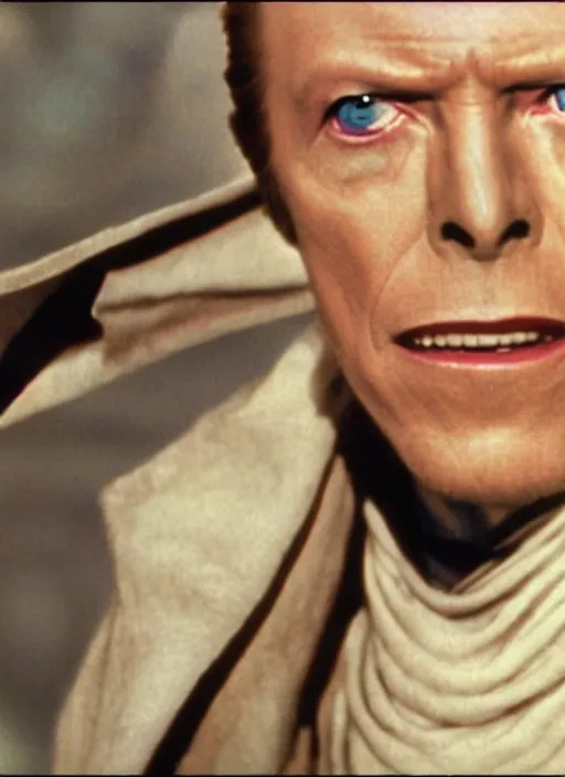 Image similar to david bowie as obi wan kenobi in star wars, movie frame, bluray