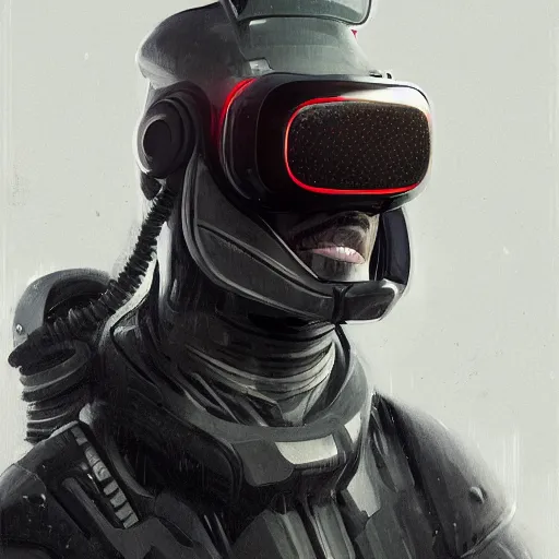 Image similar to Portrait of a man by Greg Rutkowski, symmetrical face, a marine with a helmet, using a VR Headset, Kubric Stare, crooked smile, he's wearing a modern tacitcal gear, highly detailed portrait, scifi, digital painting, artstation, book cover, cyberpunk, concept art, smooth, sharp foccus ilustration, Artstation HQ