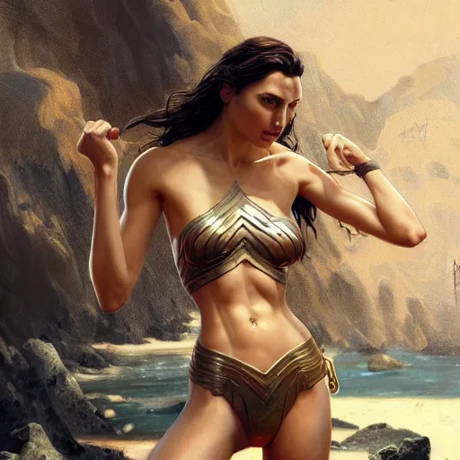 Image similar to painting of gal gadot, cheeky bikini, ultra realistic, concept art, intricate details, eerie, highly detailed, photorealistic, octane render, 8 k, unreal engine, art by artgerm and greg rutkowski and alphonse mucha