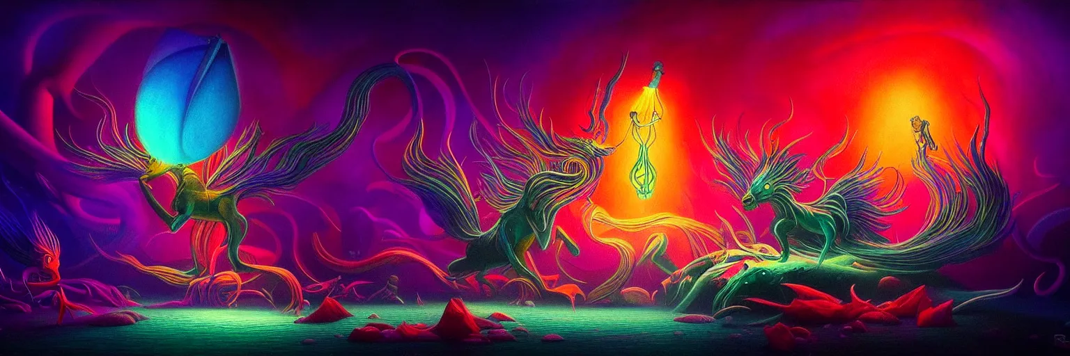 Prompt: microscopic mythical creatures from the depths of the collective unconscious, dramatic lighting with shallow dof, surreal darkly colorful painting by ronny khalil