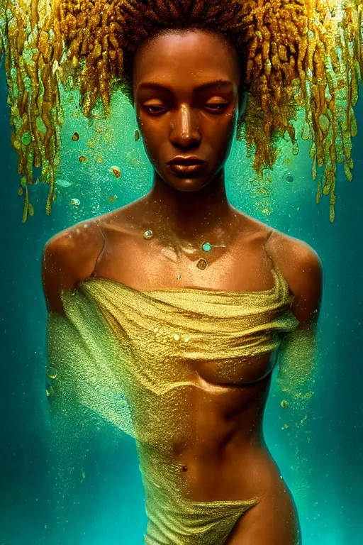 Image similar to hyperrealistic precisionist cinematic underwater scene with fish and algae, very expressive! translucent elegant african goddess, full body, gold jewerly, highly detailed face, digital art masterpiece, eric zener aykut aydogdu, volumetric light, long shot, low angle uhd 8 k, sharp focus