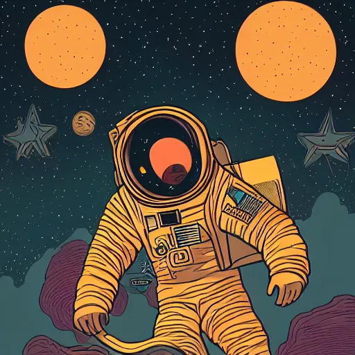 Image similar to astronaut inspired by René Laloux, Dan Mumford, stars, cinematic