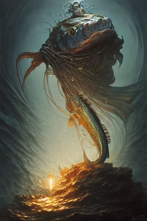 Image similar to fish wizard by anna podedworna, ayami kojima, greg rutkowski, giger, maxim verehin