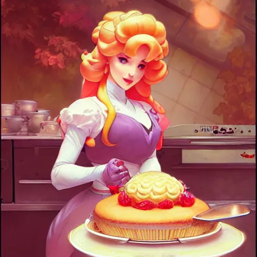 Image similar to princess peach baking a cake while that one weird computer mainframe watches her, art by artgerm and greg rutkowski and alphonse mucha