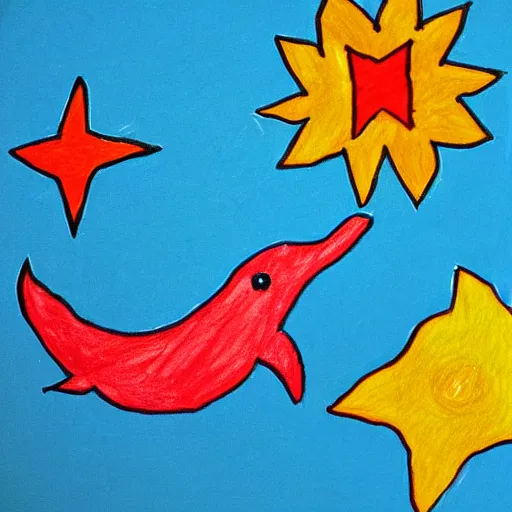 Image similar to child's crayon drawing of a dolphin in the style of mexican folk art