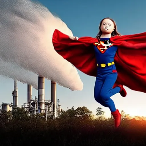 Prompt: epic photo of greta thunberg flying as superman realistic backlit background oil refinery explosions and black smoke