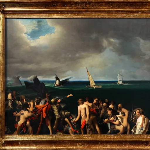 Prompt: stout cortez with eagle eyes stared at the pacific and all his men looked at each other with a wild surmise silent, upon a peak in darien, by jean deville, by valentin du boulogne, oil on canvas