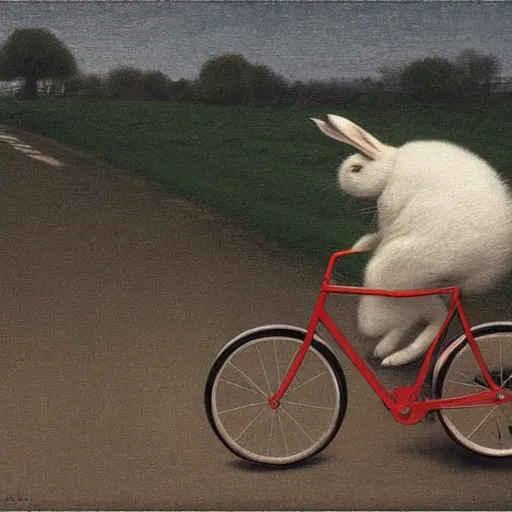 Image similar to rabbit riding a bike on the road, there is a car in front, by michael sowa.