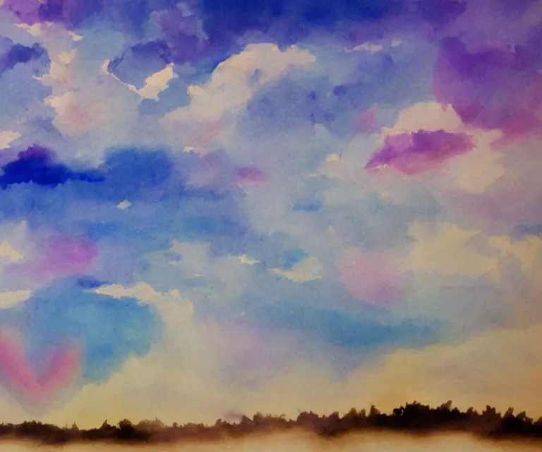 Prompt: water painting of heart shaped clouds