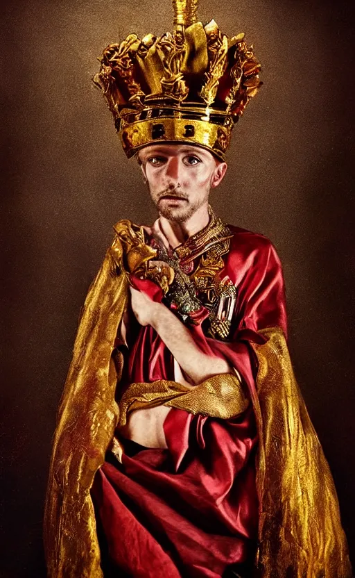 Image similar to 'Portrait of Crowned King Arthur' by Lee Jeffries royally decorated, whirling plasma, atmospheric motes, red and gold Sumptuous garb, gilt silk fabric, radiant colors, fantasy, perfect lighting, studio lit, micro details,