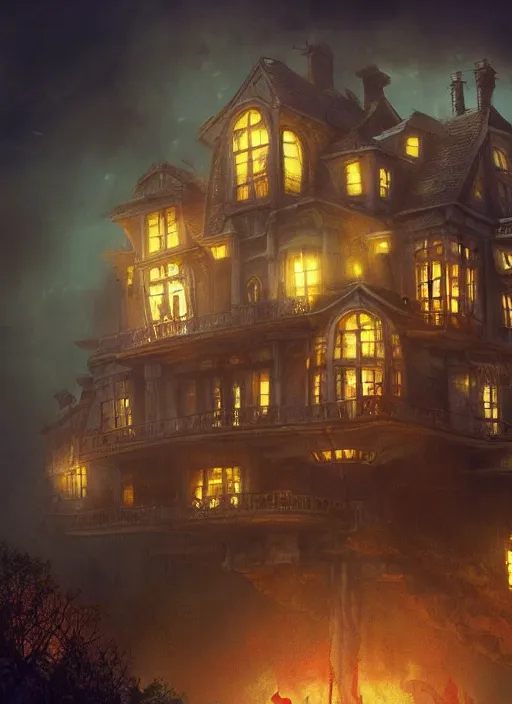 Image similar to glowing mansion in burning vapor dramatic lighting, artstation, matte painting, alexander fedosav, alexander jansson, glowing giant squid destroying the mansion by allen williams