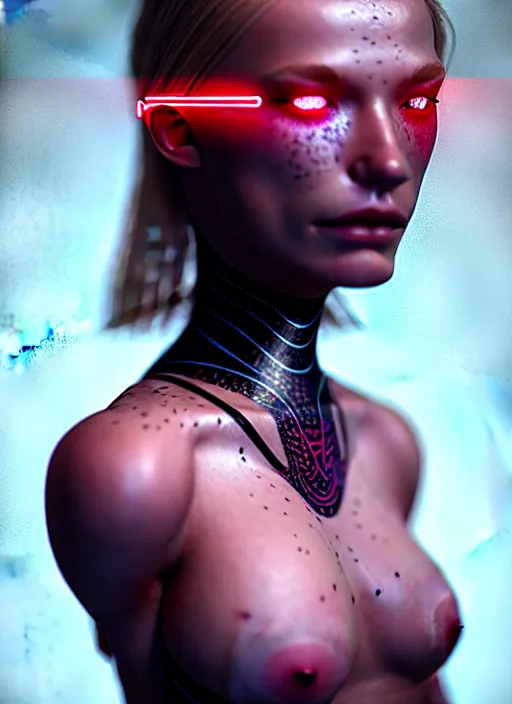 Image similar to beautiful scandinavian female humanoid with freckles, by loish, d & d, fantasy, cyber neon lighting, futurism, intricate futuristic jewelry accessories, cyberpunk high fashion glossy latex suit, profile posing, perfect anatomy, hyper photorealistic, digital photography, artstation, pinterest, concept art, art by pascal blanche and greg rutkowski,