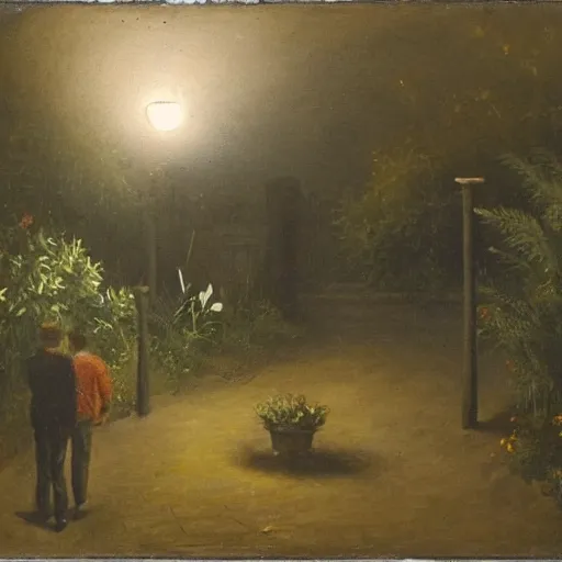 Prompt: Two men in a garden at night walking towards a small wooden garden shed, mystery