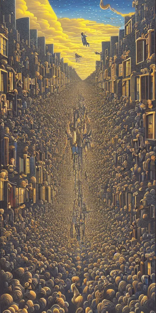 Image similar to A crowded street extending into the night sky, matte painting by Rob Gonsalves, in the style of Salvador Dalí, surrealism, magic realism, optical illusion art