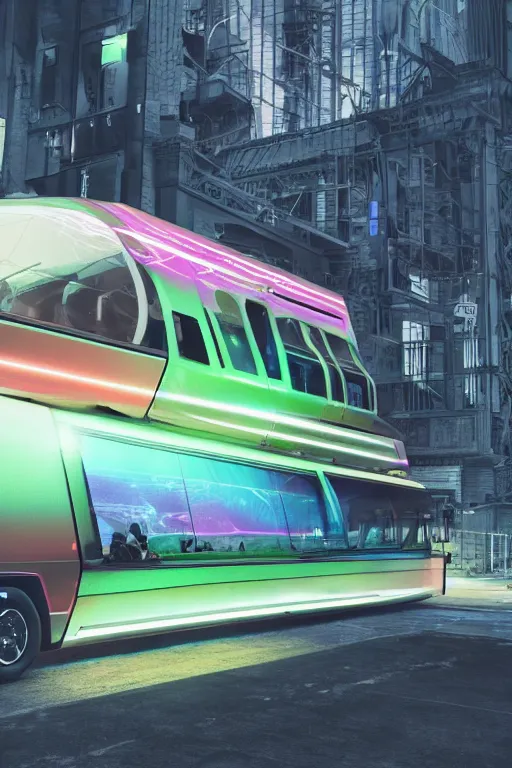 Image similar to photo of a futuristic nightliner tourbus outside in new york at night, printed band name on the nightliner is tripmachine, realistic digital art, textured with a 3 d render of a huge futuristic steampunk generator, 8 k, fluorescent colors, halluzinogenic, multicolored, exaggerated detailed, unreal engine