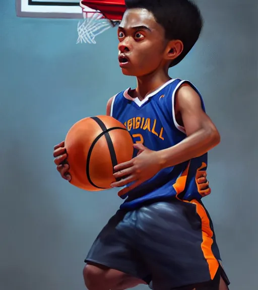 Image similar to portrait of a boy at a basketball court playing basketball wearing a basketball jersey in a basketball court standing near the basketball hoop, intense emotion, detailed facial expression, detailed surroundings, intricate, elegant, highly detailed, centered, digital painting, artstation, concept art, smooth, sharp focus, illustration, by (Johannes Vermeer), WLOP